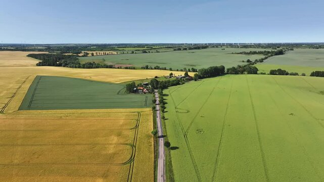 Aerial view of farm fields and road, Germany.