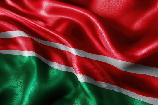 Kenyan national flag gently waving in the breeze during daylight, showcasing vibrant colors and unique design details