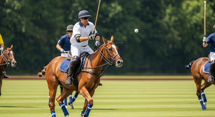 A player on horseback hits a ball with a club, the rider is dressed in a polo suit - playing polo