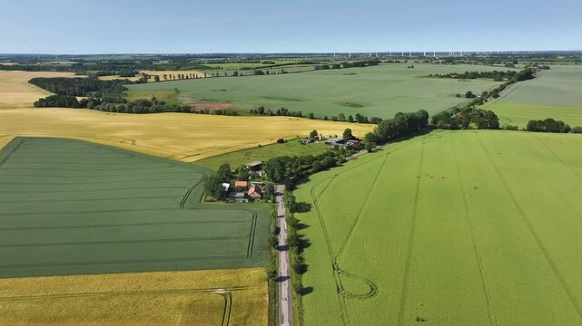 Aerial view of fields and farms, Germany.