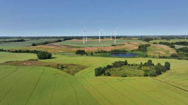 Aerial view of wind turbines in fields, Germany.