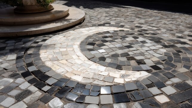 Circular stone mosaic pattern on outdoor cobblestone pavement