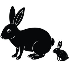 Two black stylized rabbits one large and one small on a white background