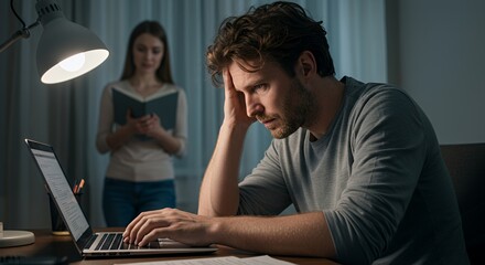 Troubled man works late on laptop while woman reads nearby, illuminated by desk lamp. Stress, fatigue, and late night work are evident.