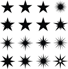 Obraz premium A comprehensive collection of star and sunburst icons, including various shapes and styles, perfect for graphic design, awards, celebration, and decorative projects.