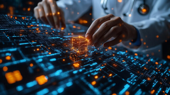 Doctor interacts with glowing cube on circuit board, digital background