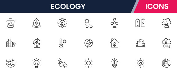 Vector illustration web line icon collection for ecology: nature, sustainability, renewable energy, and green living symbols in a clean, modern, eco-friendly style.