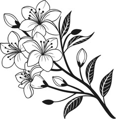 Elegant Monochrome Cherry Blossom Branch with Buds and Leaves Illustration