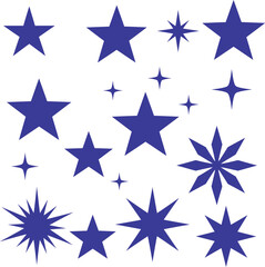 Obraz premium A comprehensive collection of blue star and sunburst icons, including various shapes and styles, perfect for graphic design, awards, celebration, and decorative projects.