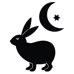 Black silhouette of a rabbit under a crescent moon and a star