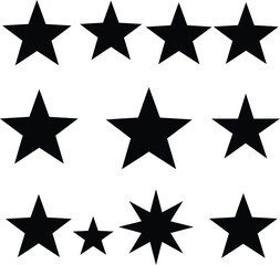 A collection of black star icons in various shapes and sizes, perfect for ratings, awards, reviews, and graphic design projects with a bold and simple aesthetic.