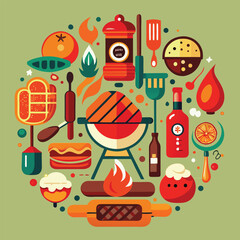 Vibrant BBQ Illustration with Grill Food and Utensils in a Circular Composition
