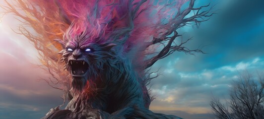 A haunted gothic treants ifrit perched on a wind-swept hill,ai generative