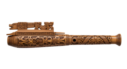 Explore intricately carved wooden flute instrument with animal head ancient musical instrument collection piece