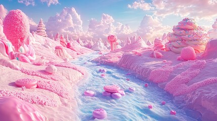 A fantasy landscape where melting ice cream rivers flow through a candy land.