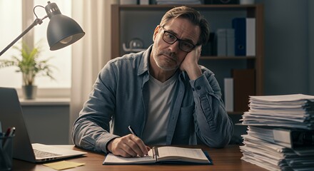 Overwhelmed businessman sits at his desk, hand on his face, surrounded by paperwork, looking tired and stressed.