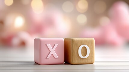 XOXO: Two blocks, one pink and the other wooden, display an "X" and "O" representing hugs and kisses, a charming symbol of affection, love, and connection.