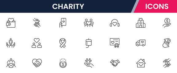 Charity Line Icons set. Contains icons related to charity, caring for the elderly, helping homeless animals, donation, and more. Vector illustration