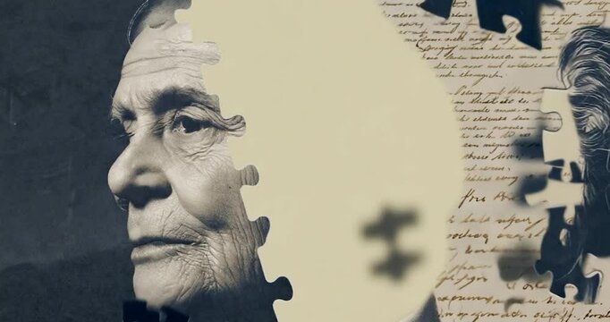 A weathered face, fragmented by a jigsaw puzzle, overlaid with historical script