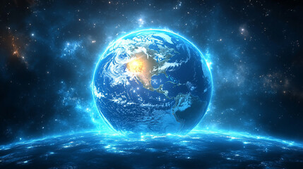 Earth in glowing nebula, space background, global energy concept
