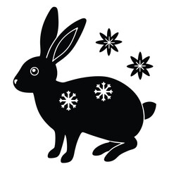 Black silhouette of a rabbit with white snowflakes and starbursts on a white background