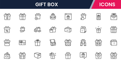 Gift box icons set. Surprising gift box symbol. Present a gift box tied with a sign. Christmas, birthday, Valentine, party, celebration, achievement, success vector illustration