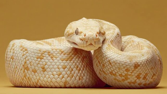 Elegant Curled Python on Solid Background with Muted Tones, Showcasing Serpentine Texture and Smooth Patterns