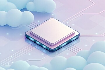 cloud computing concept, 3d Light pastel AI processor chip floating above cloud elements
