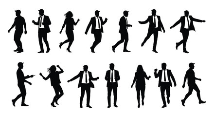 Black Silhouette Business People Vector Set - Walking, Standing, Dancing, Happy Professionals, Corporate Figures in Various Poses