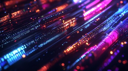 Fototapeta premium Illuminated Fiber Optic Cable with Vibrant Lights Representing High-Speed Internet and Modern Digital Communication