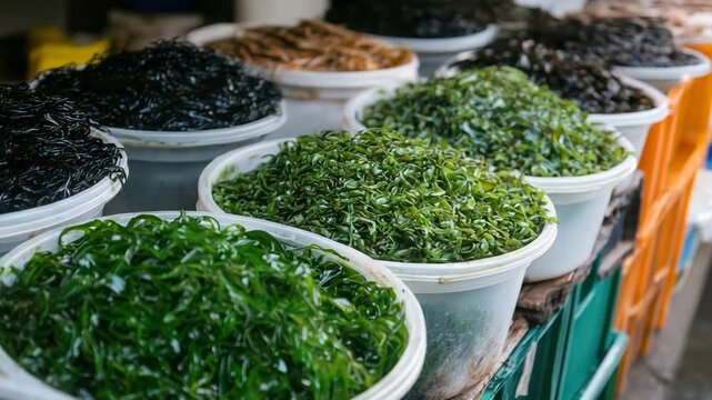 Fresh edible seaweed displayed in buckets at a market stall
