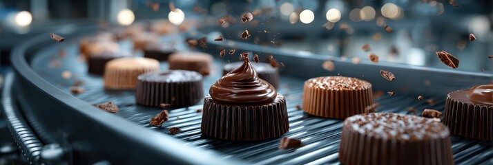 Delicious chocolates moving along a conveyor belt in a bustling production facility during the morning shift