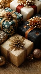 Decorative gift boxes adorned with ribbons and sparkles for a festive celebration