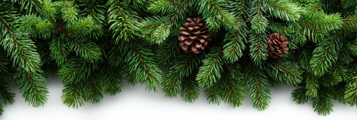 Christmas tree branches with pine cones displayed against a white background highlighting festive greenery and natural elements