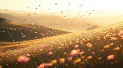 Delicate petals drift in the air in the golden early morning light as a field of soft pink and yellow flowers is dreamily distributed across a rolling hillside.