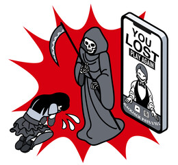 Woman Looking Down in Defeat at Casino App Loss Screen, Grim Reaper Watching Silently
