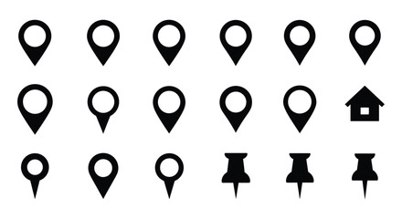 Diverse Black Location Pin & Map Marker Vector Set - GPS, Navigation, Address, Point, Pointer, Home, Place, Destination, Travel Icon