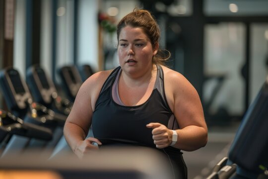 Overweight woman in sportswear doing exercises on the treadmill in the sport Fitness Club gym. Neural network ai generated
