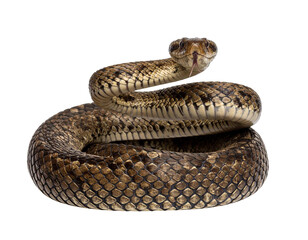Obraz premium Venomous snake coiled with raised head, isolated on white. Scales clearly visible