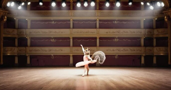 A squirrel in a tutu dances on a grand theater stage