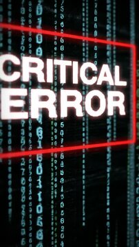 High-tech screen video, dutch tilted, shows red "critical error" warning box, scrolling dark code with green/blue highlights. Slow push-out dolly video. Dystopian system collapse concept.
