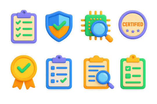 3d quality control icons illustration for certification and inspection design