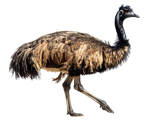 A full-body emu mid-step walking right, side profile, isolated PNG