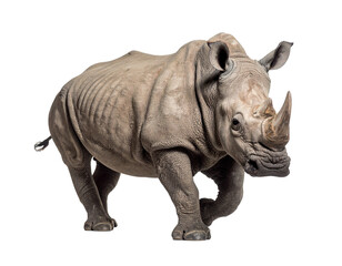 Obraz premium A powerful rhinoceros mid-step walking toward the camera, isolated on white background
