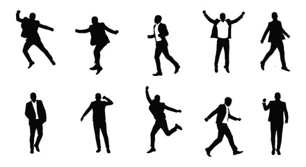 Dynamic Black Silhouette Businessmen Vector Set - Jumping, Walking, Running, Celebrating Professional Male Figures in Various Poses