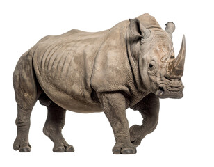 Fototapeta premium A powerful rhinoceros mid-step walking toward the camera, isolated PNG