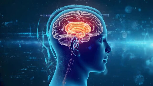Illustration of a human head with a glowing brain on a futuristic blue background with digital data. Artificial brain glowing inside human head. Digital brain scan with neural light effect. 