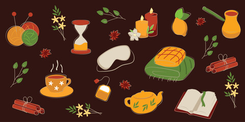Hand-drawn vector set of slow lifestyle essentials featuring relaxing tea, warm blanket, reading, herbal elements, and mindfulness icons