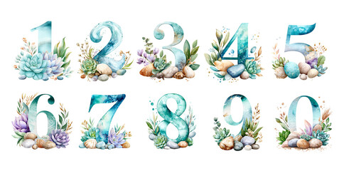Fototapeta premium Watercolor ocean-inspired floral numbers 0-9 with succulents, shells and eggs, turquoise botanical digit clipart for nursery decor, baby-shower invitations and printable crafts