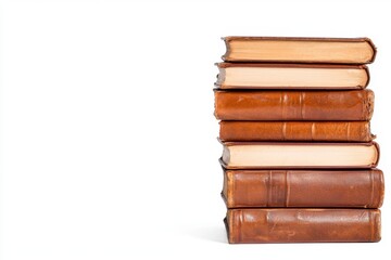 Naklejka premium Stacked Collection of Vintage Leather-Bound Books with Different Color Spines and Texture on a White Background
